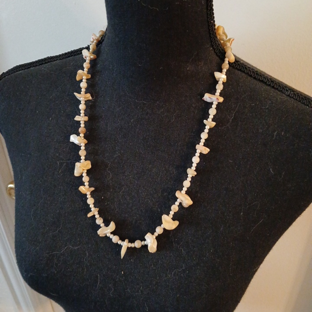 Vintage Mother of Pearl Nugget & Pearl Strand Necklace 24" ~ Beach Wedding